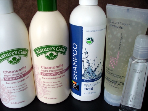 shampoo, conditioner, hair gel, anti-frizz gel